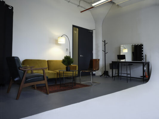 “Makeup and changing station in Brooklyn photo studio”