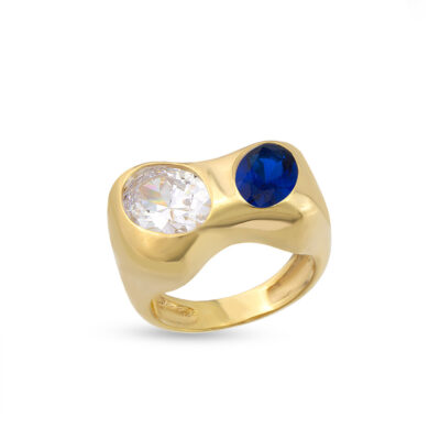 Gold ring with blue gemstone on white background — jewelry product photography Brooklyn for ecommerce