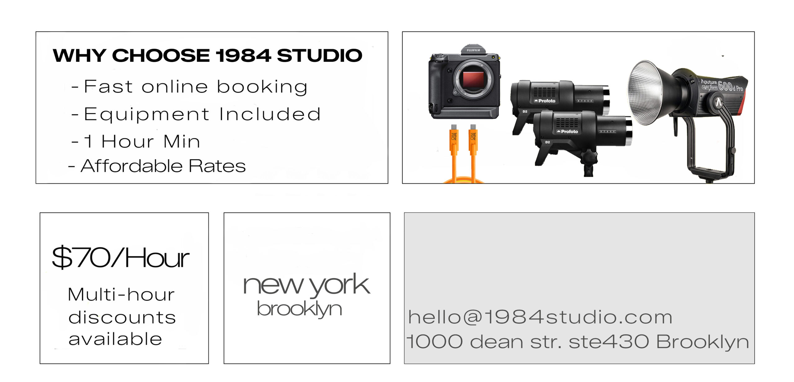 Why choose 1984 Studio – Brooklyn photo studio rental with cyclorama, lighting and 24/7 access